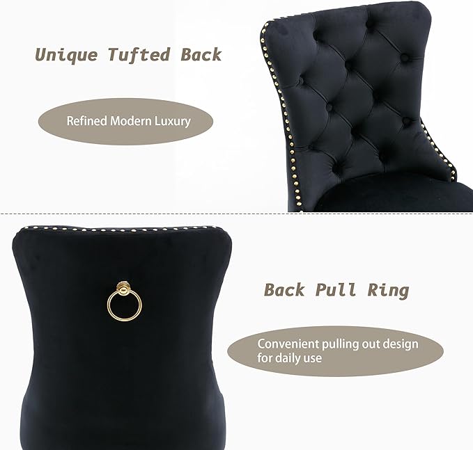 KCC Velvet Dining Chairs Set of 4, Upholstered High-end Tufted Dining Chair with Nailhead Back Ring Pull Trim Stainless Steel Legs, Contemporary Nikki Collection Modern Style for Kitchen, Black