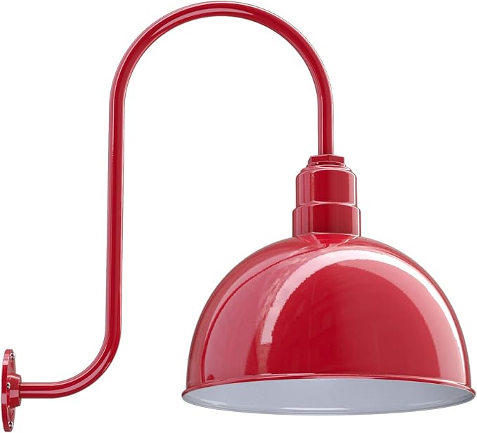 Steel Lighting Co. Hollywood Bowl Light | Outdoor Wall Mounted | 15 inch Bowl Dome | Upslope Gooseneck | Barn Light Made in America | Red Exterior/White Interior