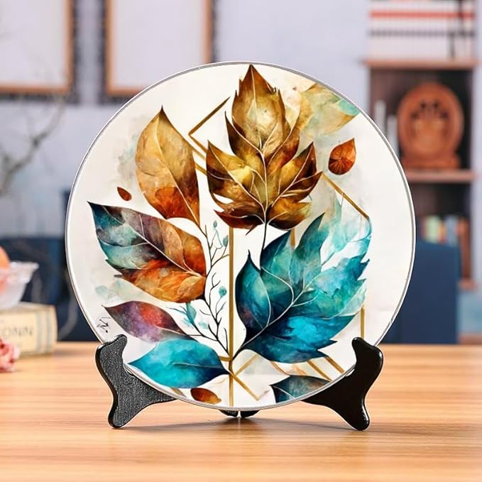 Floral Leaves Plant Ceramic Display Plate 10-inch Round, Home Decor with Stand & Hook DP-208374381