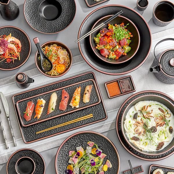 Heika Black Matte Rectangular Stoneware Plate, 13 3/4 x 8 Inch, Textured Design with Banded Rim, Dishwasher and Microwave Safe, 12 per Case
