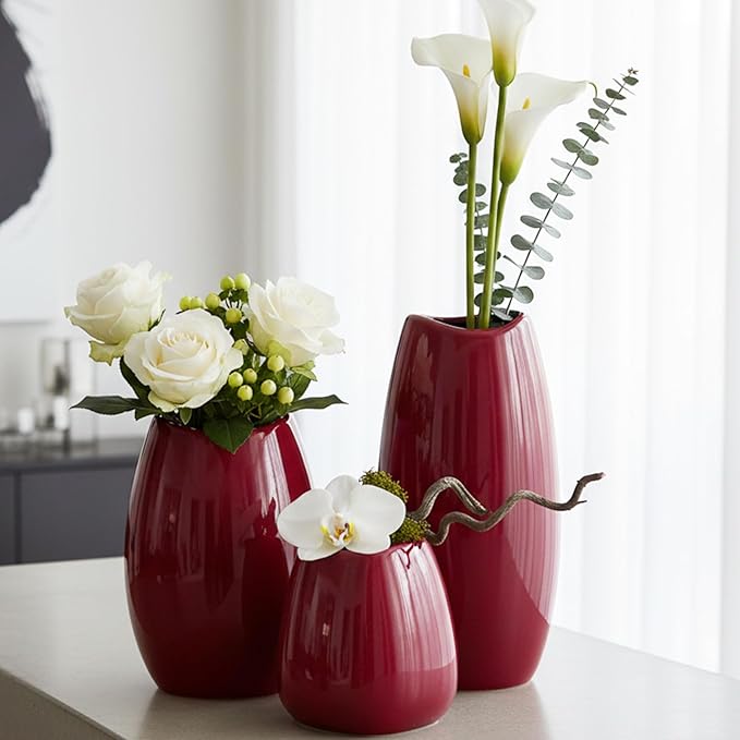 hjn Ceramic Vase Set of 3 Red Flower Vase for Home Decor, Modern Decorative Vase for Flowers Vases for Your Ideal Shelf Decor/Table/Living Room/Kitchen/Office-Red…