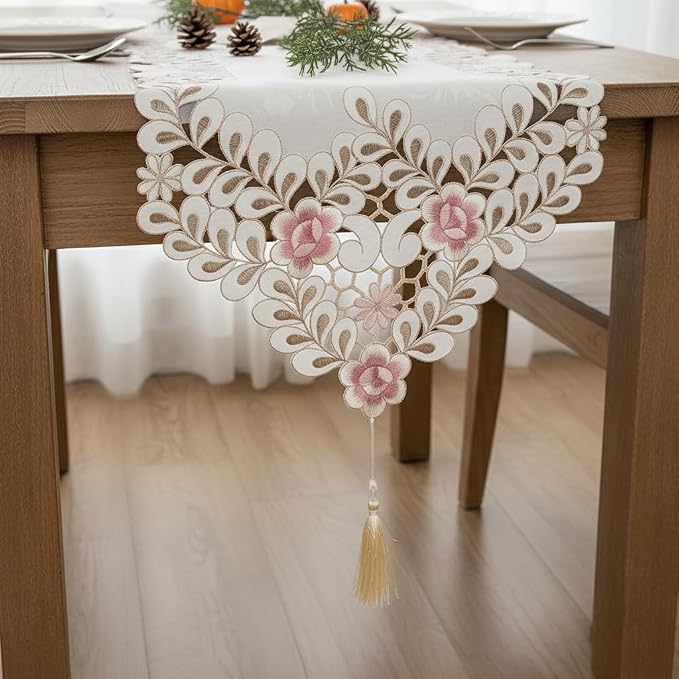 Classic Flowers Dining Table Runner Embroidery Tassel Floral Lace Table Runners - Image 5