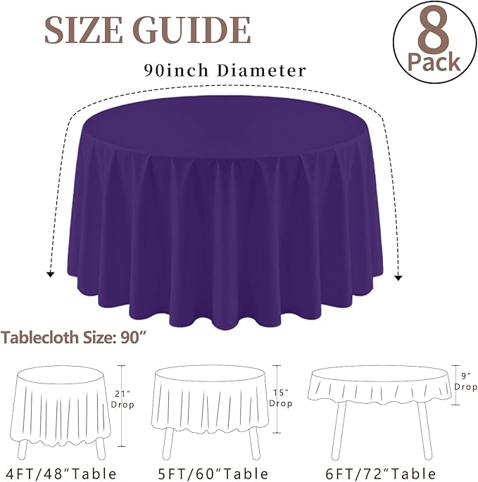 8 Pack Round Tablecloth 90 Inch Purple Tablecloth for Round Tables, Washable Polyester Table Cloth Stain and Wrinkle Resistant Decorative Table Cover for Wedding Party Dining Banquet