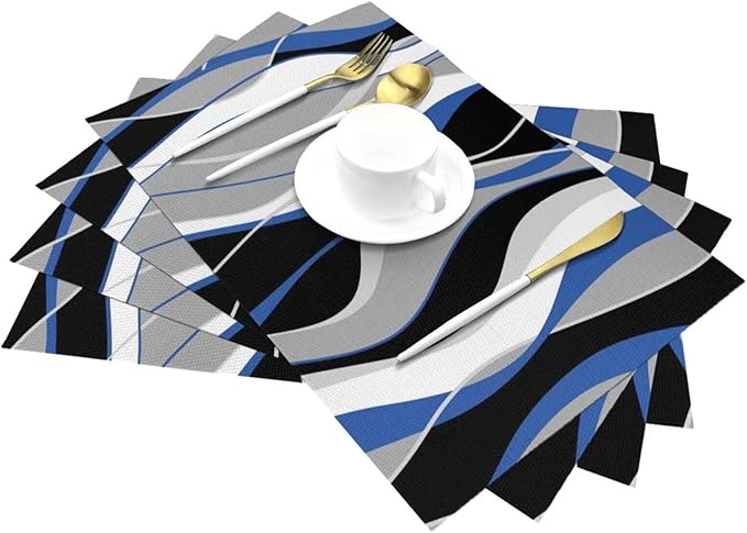 Placemats Set of 6 Black and Blue Place Mats White Grey Striped Modern Abstract Woven Table Mats Washable PVC Placemat for Dining Kitchen Decor Indoor Outdoor, 12 x 18 Inch