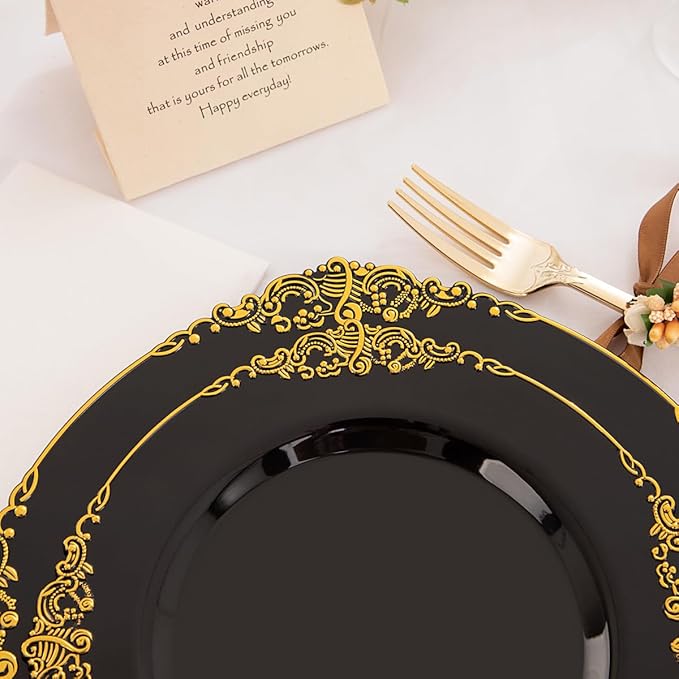 Hioasis 350pcs Black and Gold Plates - Black Party Plates for 50 Guest, Include 100 Heavy-duty Plates(20% Thicker Than Standard), 50 Pre Rolled Gold Plastic Silverware Set, 50 Cups