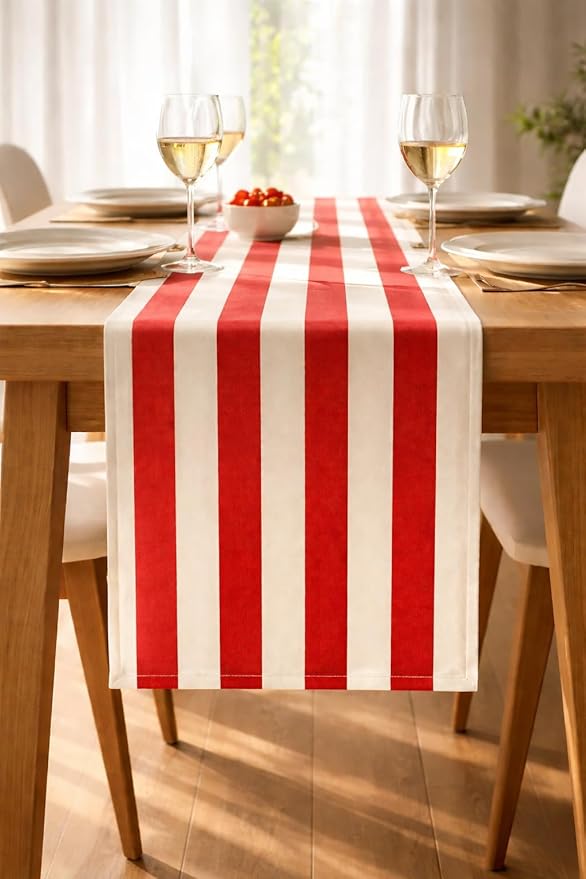 Folkulture Table Runner 108 inches Long | Vertical Striped White & Red Table by FOLKULTURE