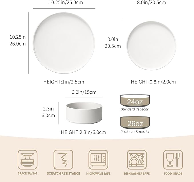 GZG Classic Series - Plates and Bowls Set for 6, 18 Piece Stoneware Dinnerware Sets, Microwave and Dishwasher Safe Lead-Free Handcrafted Ceramic Dishes Set - Ivory White