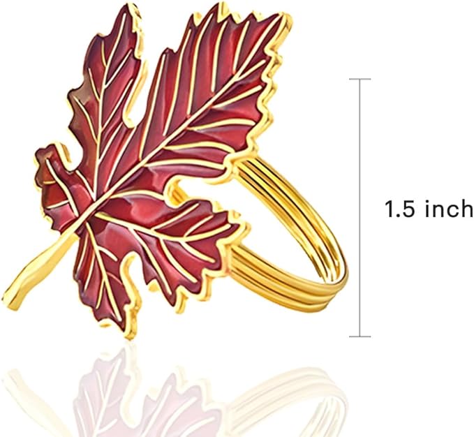Decozen Set of 12 Red Gold Napkin Rings in Leaf Design, Festive, Table Decor Setting for Holiday, Wedding, Birthday, Kitchen, Home Decor, Housewarming Gift - Thanksgiving & Christmas Gift Decoration
