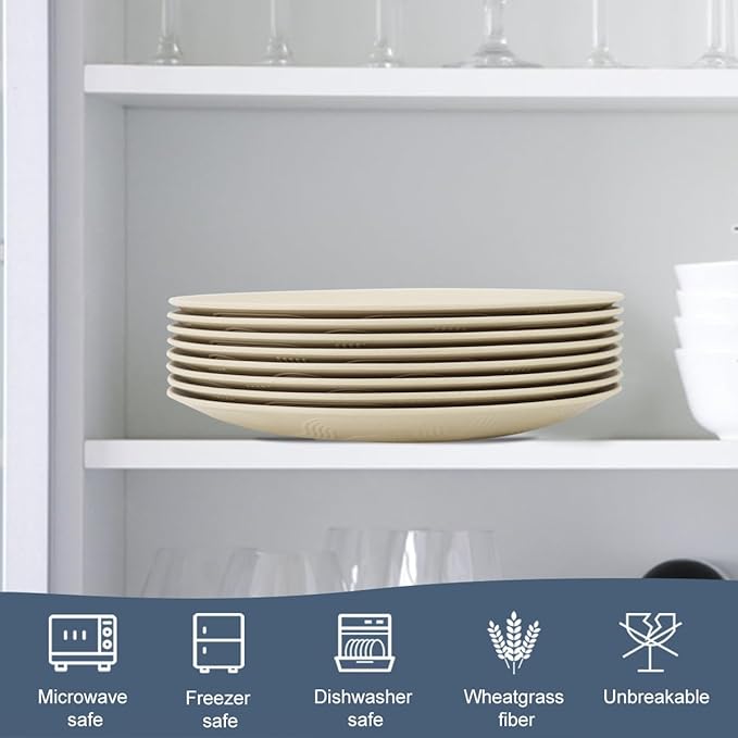 Wheat Straw Dinner Plates Set of 8 - Alternative to Plastic - Microwave & Dishwasher Safe - Unbreakable - For Kitchen, Camping, Salad, Appetizer (Beige, 10 inch)
