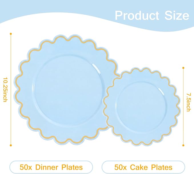 LIYH 100 Pcs Baby Blue Plastic Plates, Wide Gold Scalloped Edge - Image 2