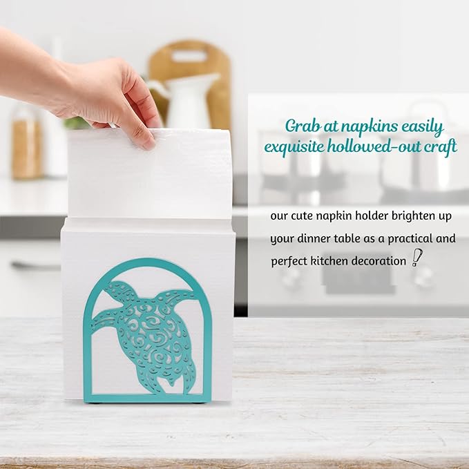 Coastal Sea Turtle Napkin Holder for Table - Teal Kithen Decor and Accessories, Ocean Decor for Bedroom Bathroom, Houserwarming Gifts for Women Turtle Lovers, Hollowed-out Craft Pattern, Metal
