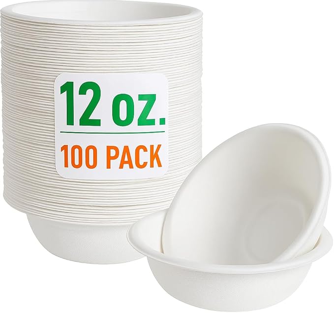 12 oz. Compostable Paper Bowls [100-Pack] - Eco-Conscious Disposable Soup Bowls Made of Sugarcane Fiber Bagasse, Microwave, Refrigerator-Safe - Heavy Duty Paper Plates for Dinner