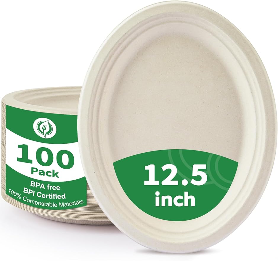 Compostable Biodegradable Oval Paper Plates, Large 12.5″ [100-Pack] - Heavy Duty Leak-Resistant Disposable Plates for BBQ, Picnic, Party, Birthday, Events, Dinner, Appetizer, Dessert & Cake