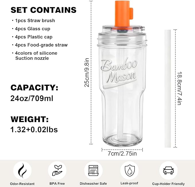 ANOTION Glass Cups With Lids And Straws, Leakproof Tumbler 24oz Mason Jar Cups - Image 2