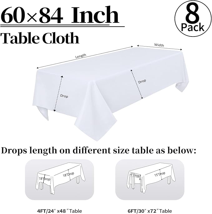 8 Pack White Table Cloth Rectangle 60 x 84 Inch Rectangular Tablecloth for 4 Foot Tables, Wrinkle Resistant Washable Rectangle Fabric Table Covers for Wedding Party Banquet Buffet and Camping