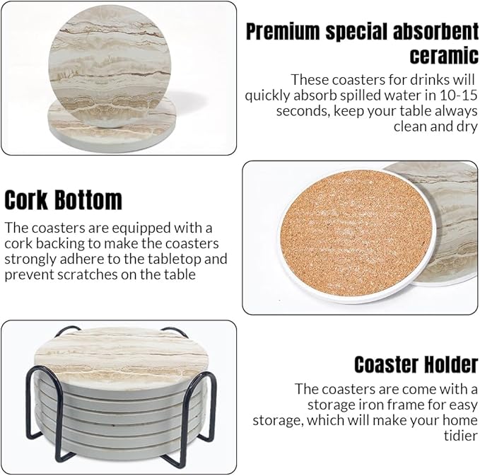 Ceramic Coasters Set of 6, Marble-Textured Design with Holder - Absorbent Cork-Backed Coasters for Cups, Bar & Coffee Table Decor Accessories (Khaki Marble-Thin, 6 Pack-Thin)