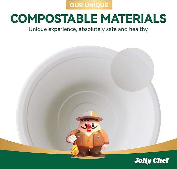 JOLLY CHEF Compostable Disposable Paper Bowls [16 oz] Heavy Duty Soup Uncoated Containers [500 Pack] White Biodegradable Bagasse Hot Cold Food Eco-Friendly Sugarcane Microwavable for Dessert Christmas