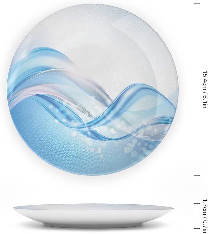 Ceramic Display Plate, Abstract Ceramic Hanging Decorative Plate, Modern Wavy Ocean Surfer Summertime Themed, 6 Inch, Household Custom Ceramic Plate, Pale Blue and White