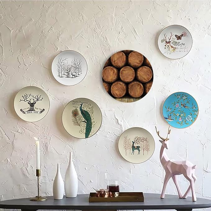 Ceramic Plates, Wine Decorative Ceramic Plates, Wall of Wooden Barrels, 10 Inch, for Dining, Parties, Wedding, Multicolor