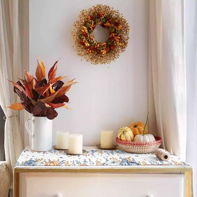 Blue Pumpkin Fall Table Runner 90 Inches Long, Thanksgiving Floral Eucalyptus - Image 3