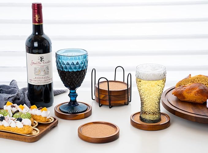 Acacia Wood Cork Coasters with Holder - Image 3