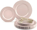 " OCCASIONS " 150pcs set (25 Guests)-Extra Heavyweight Vintage Wedding Disposable/Reusable Plastic Plates (25 x 11'' + 25 x 8.25'') + Silverware (Chateau Collection in Blush Pink)