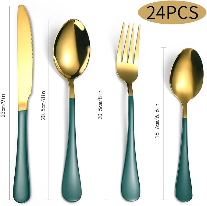 24 Piece Gold & Green Silverware - Image 2