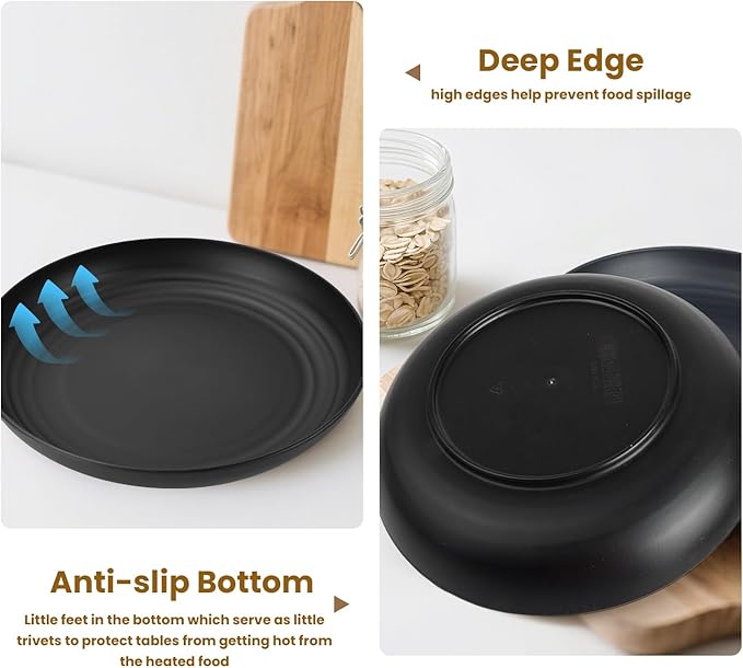 Wheat Straw Plates Set of 8, 9 Inch Dinner Plate for Camping, Picnic, Unbreakable Plastic Plates Reusable, Microwave & Dishwasher Safe Kitchen Plate for Breakfast, Lunch (Black)