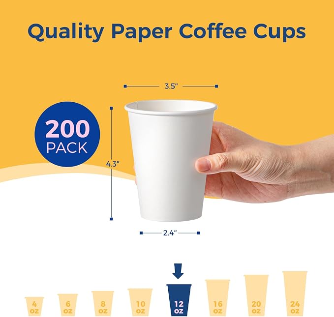 Fit Meal Prep 200 Pack 12 oz Disposable Paper Coffee Cups, Premium Hot Cups - Image 2