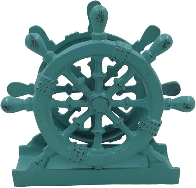 THDC Nautical Napkin Holder, Lunch, Dinner, Nautical Collection Napkin Holder, Made of Metal (Wheel Distressed Green)