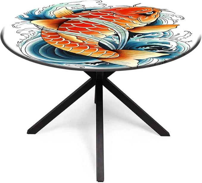 Small Round Tablecloth, Koi Fish Washable Polyester Table Cloth for, Tattoo Style Japanese Wave, Fit Round Tables 44inch Diameter, for Wedding Party Dining Banquet Use, Multicolor