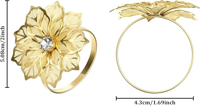Hotop 100 Pcs Gold Napkin Rings Flower Napkin Holders Buckles Hollow Out Rhinestone Christmas Delicate Serviette Buckles for Thanksgiving Party Gathering Dinner Wedding Banquet Holiday Table Decor