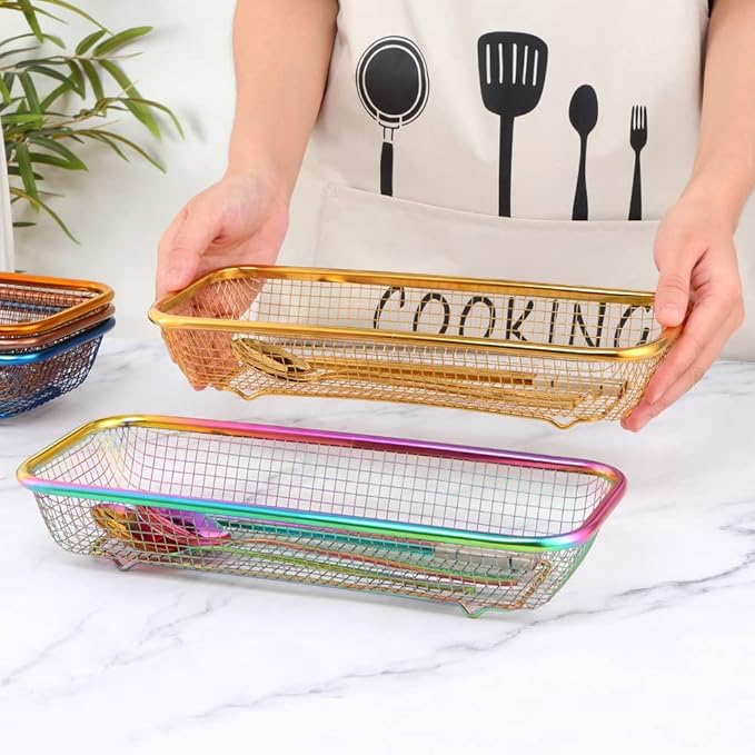Kitchen Drawer Organizer, Stainless Steel Storage Container Rose Gold Metal Cabinet Storage Basket for Holding Silverware Kitchen Utensil, Pack of 2