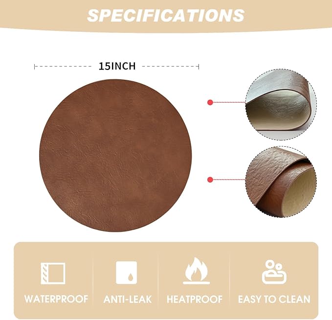 Artoid Mode Brown Faux Leather Placemats Set of 6, 15 Inch Waterproof Wipeable Heat Resistant Vinyl Place Mats, Reversible Table Mats for Kitchen Dining Decor