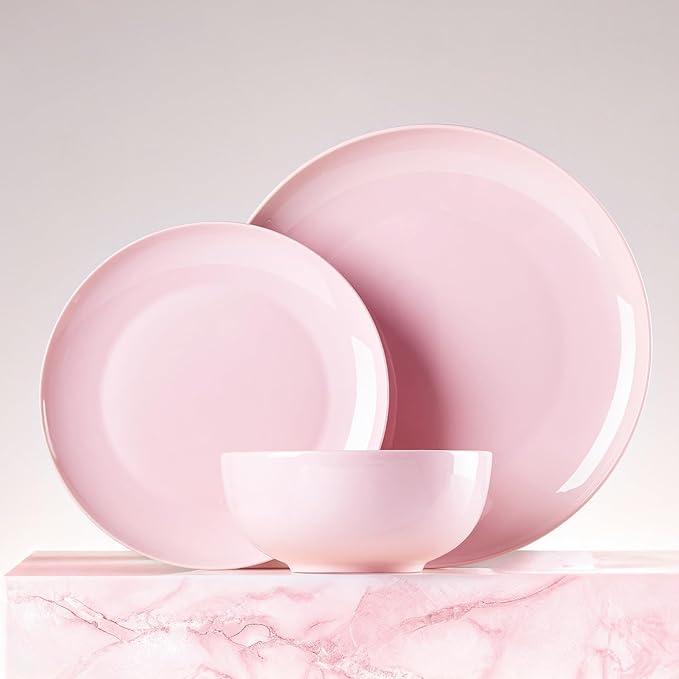 KINGSTONE Bone China Dinnerware Sets, 12-Piece Dinnerware Sets for 4, Lightweight Durable, Dishwasher Safe, Tableware for Daily Use with Elegant Design, Pink