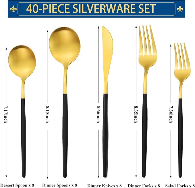 Black and Gold Silverware Set for 8, 40-Piece Matte Handle Flatware, Stainless - Image 2