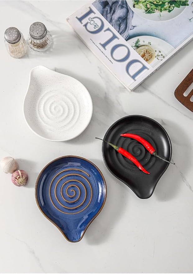 6-Inch Ceramic Spoon Rest - Heat Resistant, Non-Slip for Kitchen Utensils, Spoon Holder Stovetop, Dishwasher Safe - Elegant Spiral Design Blue, Housewarming Gift
