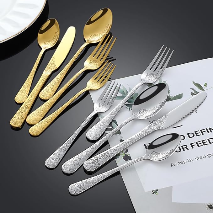 60-piece flowers TWEE Silverware Set for 12, Palace Style Stainless Steel Flatware Cutlery Serving Utensils, Eating Tableware for Home Kitchen Hotel Restaurant, Mirror Polished