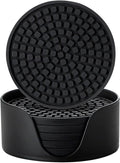 Colinda Silicone Drink Coasters with Holder, Set of 6, Outdoor Cup Mat for Hot or Cold Drinks, Thickened, Non-Slip,Non-Stick, Black