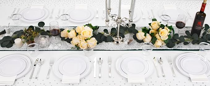 GATHER 176 Pieces Silver Plates - Disposable Silver Plastic Plates Includes 50 Plates, 75 Silverware, 25 Napkins, 25 Silver Rimmed Cups and 1 Tablecloth Perfect for Party & Weding