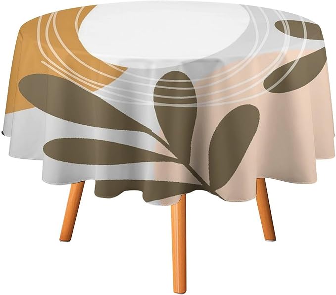 Boho Mid Century Round Tablecloth, Bohemian Abstract Modern Leaves Tablecloth for Home Party Dining Room Kitchen Decor 36Inch(90cm)