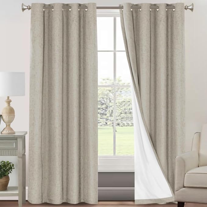 PrinceDeco Linen Texture Curtains Soild 100% Blackout Thermal Insulated with White Liner Blackout Curtains for Bedroom 90 Inches Long 2 Panels,52" Wide,90" Length Noise Reducing Curtains, Stone