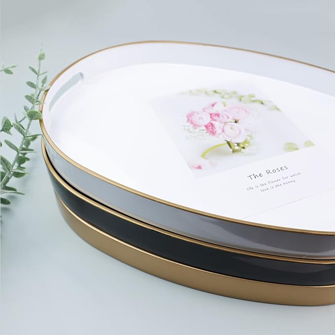 White Oval Decorative Tray with Handles, Versatile Serving Tray for Coffee Table, Ottoman, Ideal for Serving, Displaying, Organizing