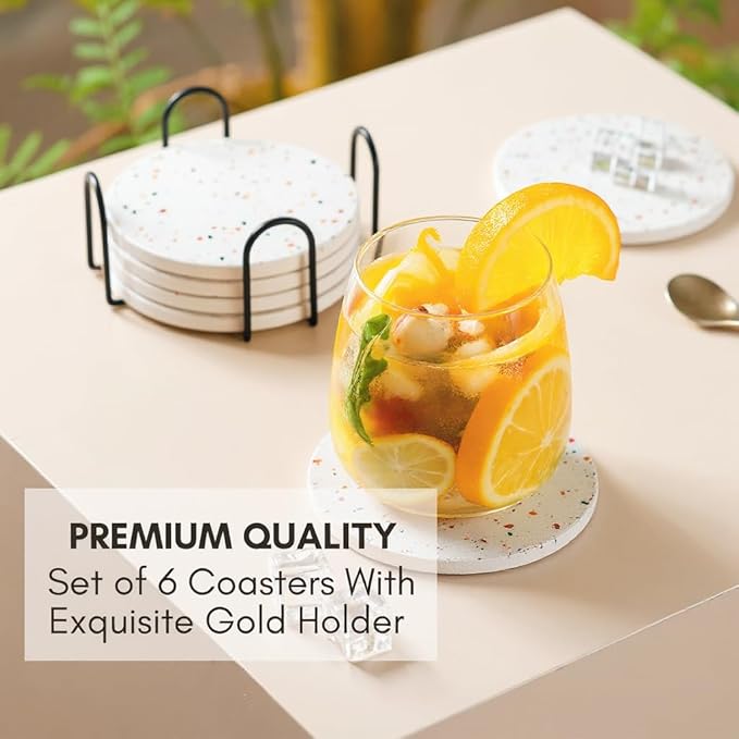 Terrazzo Coasters Set of 6, Ceramic Absorbent Drink Coasters, Cute Moisture Absorbing Coaster, Coffee Table Desk Decor, Colorful Stone Coaster for Drinks (Confetti with Black Holder)