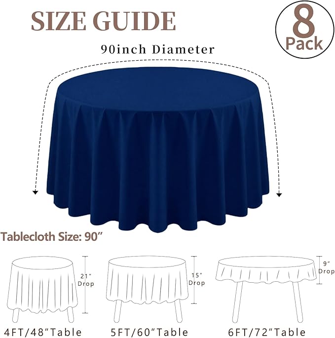 8 Pack Round Tablecloth 90 Inch Navy Blue Tablecloth for Round Tables, Washable Polyester Table Cloth Stain and Wrinkle Resistant Decorative Table Cover for Wedding Party Dining Banquet
