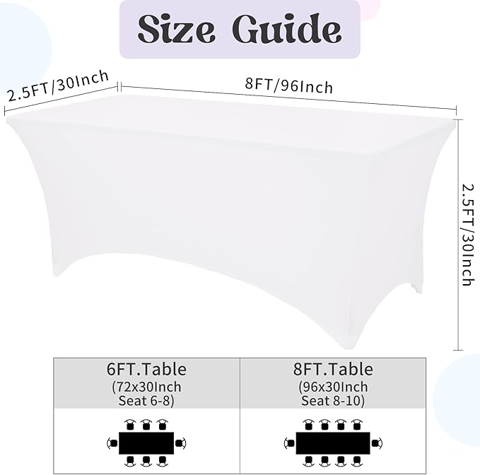 HAISIWLKJ 6 Pack Table Cloth 8ft White Tablecloths for Rectangle Folding Table Spandex Fitted Stretch Cover Wrinkle Resistant Washable Protector for Party, Wedding, Banquet, Festival.