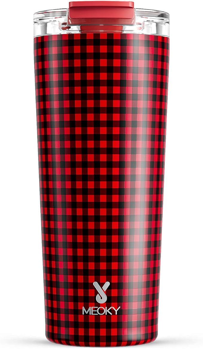 Meoky 24 oz Insulated Travel Coffee Mug: Leak Proof Lid, Crimson Plaid | by MEOKY