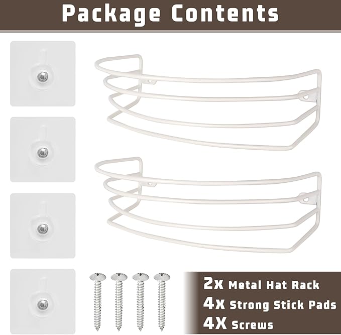 Hat Organizer for Baseball Caps, 2-Pack Beige White Metal Hat Rack Ball Cap Storage Organizer Hold Up to 30 Caps Hat Holder for Wall Door Closet, Wall Mounted & Adhesive Installation Option