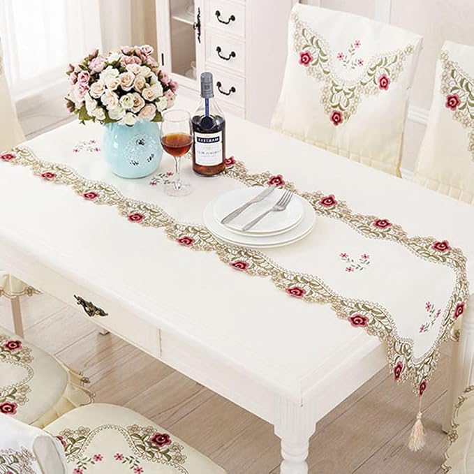 LeLehome 15 Inch X 96 Inch Table Runner, Classic Flowers Embroidered Lace Beige - Image 6