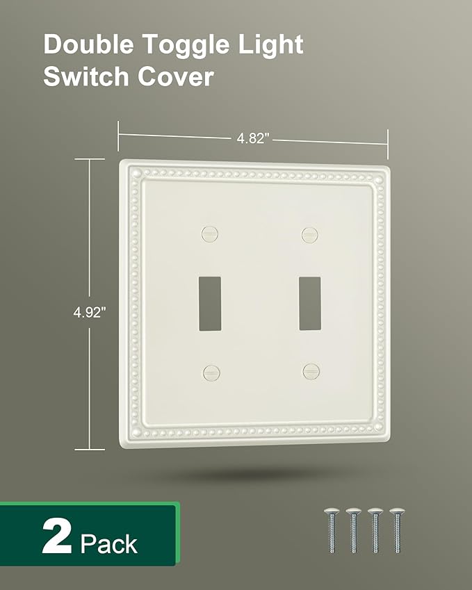 2-Pack Double Toggle Light Switch Cover Plate, Pearls Decorative Dual Switch Plate Covers, Light Almond 2 Gang Metal Wall Plate, Corrosion Resistant